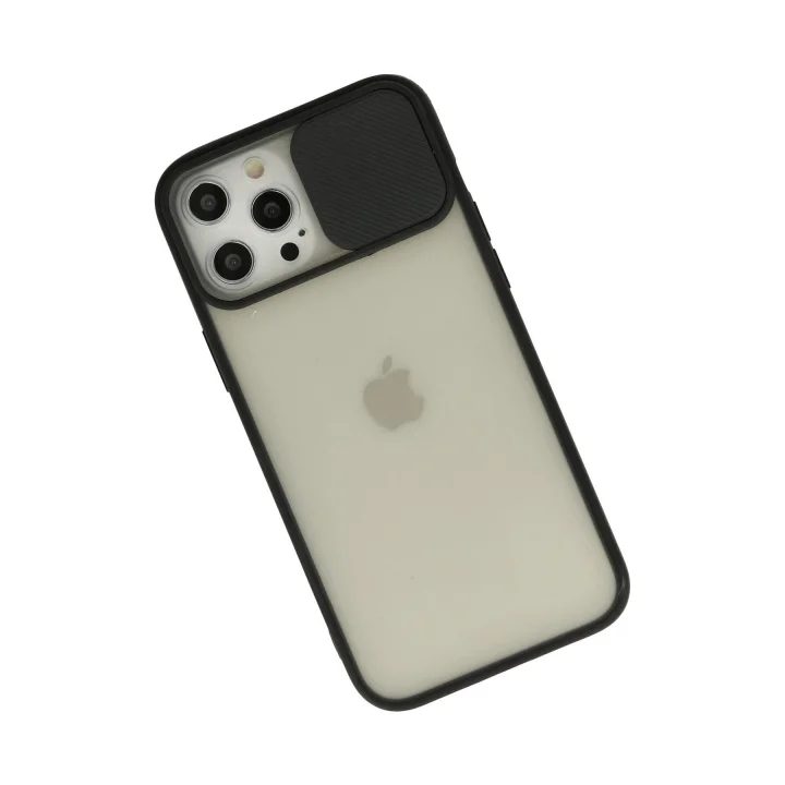 Mey İthalat®  iPhone 12 Pro Max Kılıf Palm Buzlu Kamera Sürgülü Silikon - Siyah