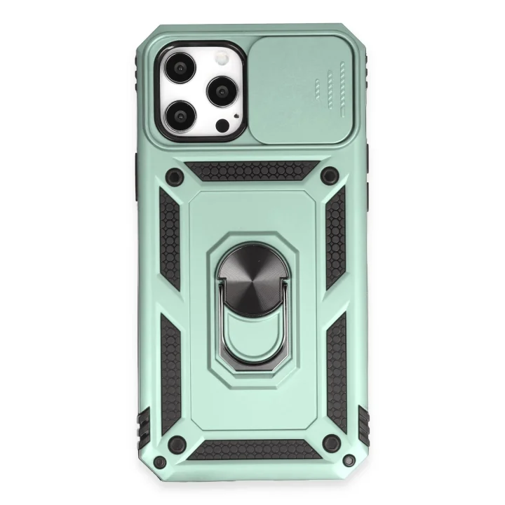 Mey İthalat®  iPhone 12 Pro Max Kılıf Pars Lens Yüzüklü Silikon - Yeşil