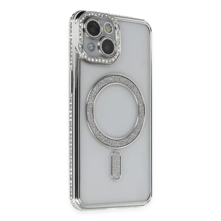 Mey İthalat®  iPhone 13 Kılıf Joke Simli Magneticsafe Kılıf - Gümüş