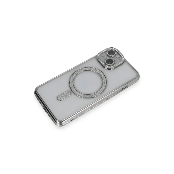 Mey İthalat®  iPhone 13 Kılıf Joke Simli Magneticsafe Kılıf - Gümüş