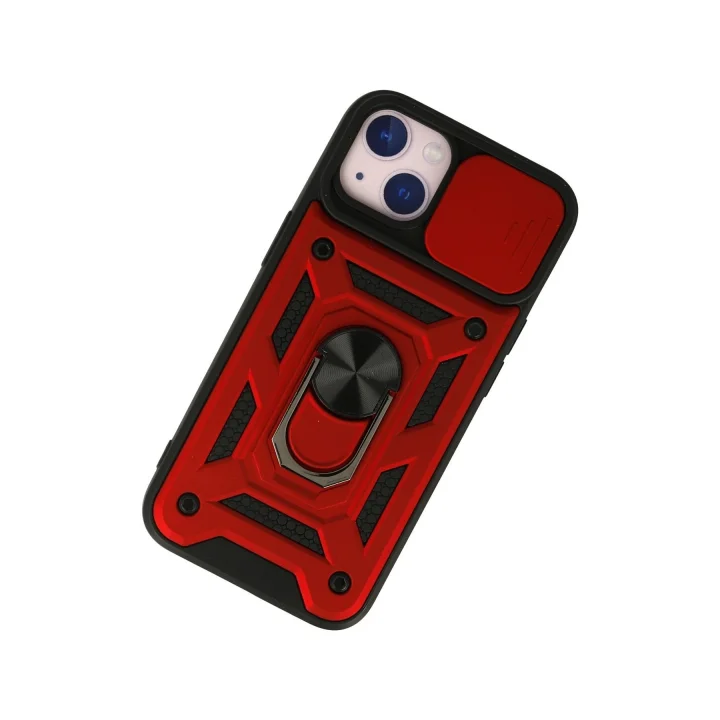 Mey İthalat®  iPhone 13 Kılıf Pars Lens Yüzüklü Silikon - Kırmızı