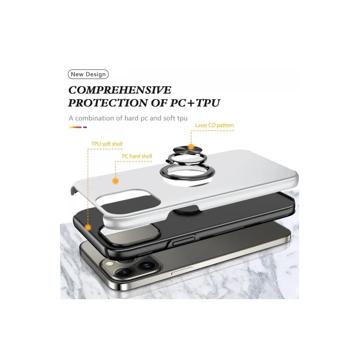 Mey İthalat®  iPhone 13 Pro Kılıf Elit Yüzüklü Kapak - Gümüş