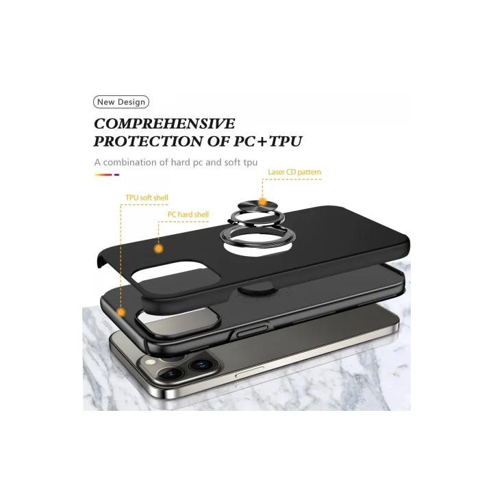 Mey İthalat®  iPhone 13 Pro Kılıf Elit Yüzüklü Kapak - Siyah