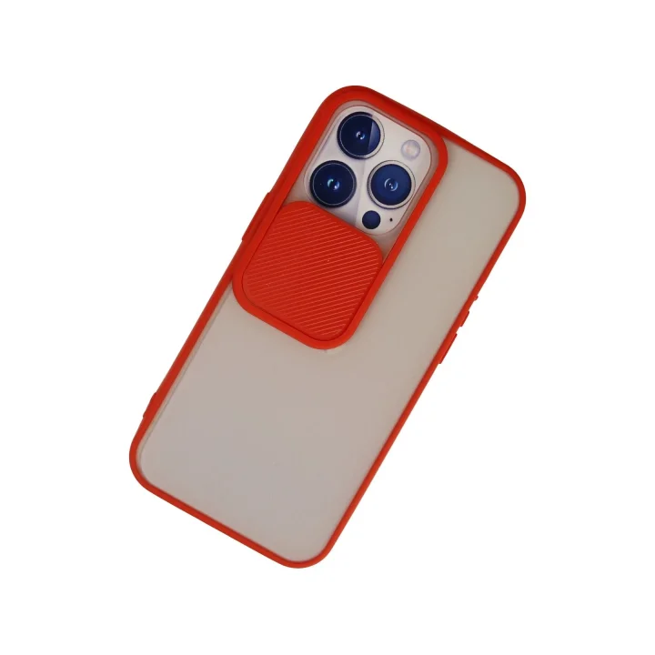 Mey İthalat®  iPhone 13 Pro Kılıf Palm Buzlu Kamera Sürgülü Silikon - Kırmızı