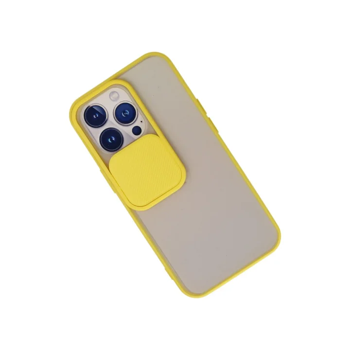 Mey İthalat®  iPhone 13 Pro Kılıf Palm Buzlu Kamera Sürgülü Silikon - Sarı