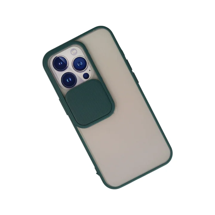 Mey İthalat®  iPhone 13 Pro Kılıf Palm Buzlu Kamera Sürgülü Silikon - Yeşil