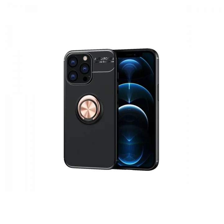 Mey İthalat®  iPhone 13 Pro Kılıf Range Yüzüklü Silikon - Siyah-Gold