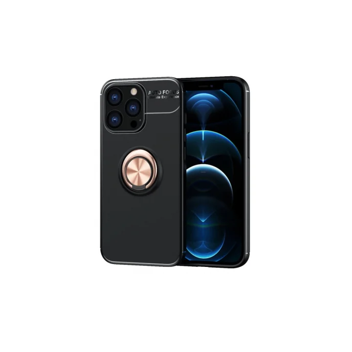 Mey İthalat®  iPhone 13 Pro Kılıf Range Yüzüklü Silikon - Siyah-Gold