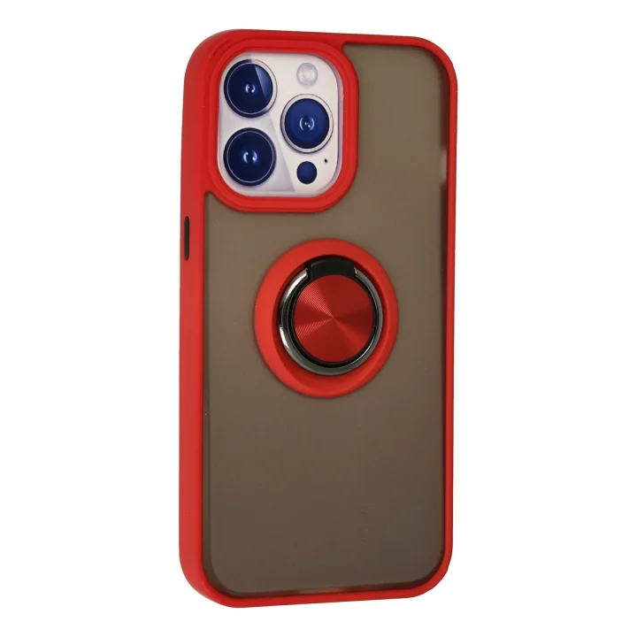 Mey İthalat®  iPhone 13 Pro Max Kılıf Montreal Yüzüklü Silikon Kapak - Kırmızı