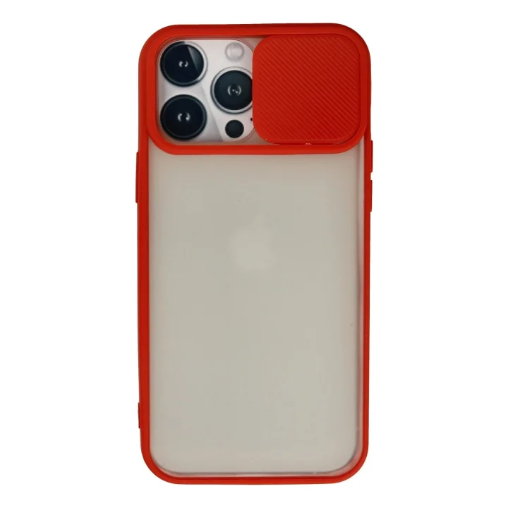 Mey İthalat®  iPhone 13 Pro Max Kılıf Palm Buzlu Kamera Sürgülü Silikon - Kırmızı