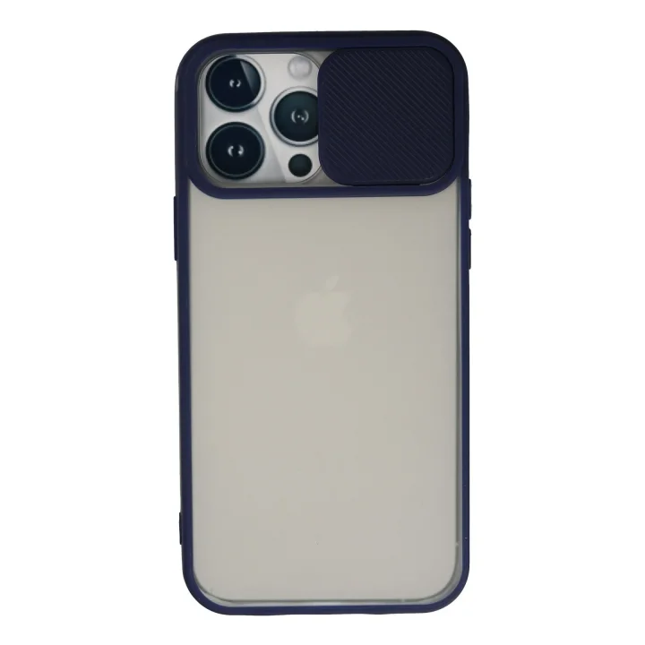 Mey İthalat®  iPhone 13 Pro Max Kılıf Palm Buzlu Kamera Sürgülü Silikon - Lacivert