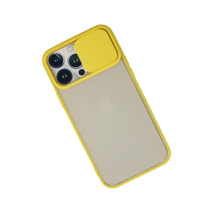 Mey İthalat®  iPhone 13 Pro Max Kılıf Palm Buzlu Kamera Sürgülü Silikon - Sarı