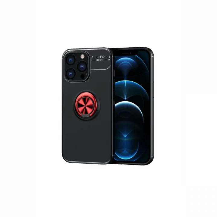 Mey İthalat®  iPhone 13 Pro Max Kılıf Range Yüzüklü Silikon - Siyah-Kırmızı