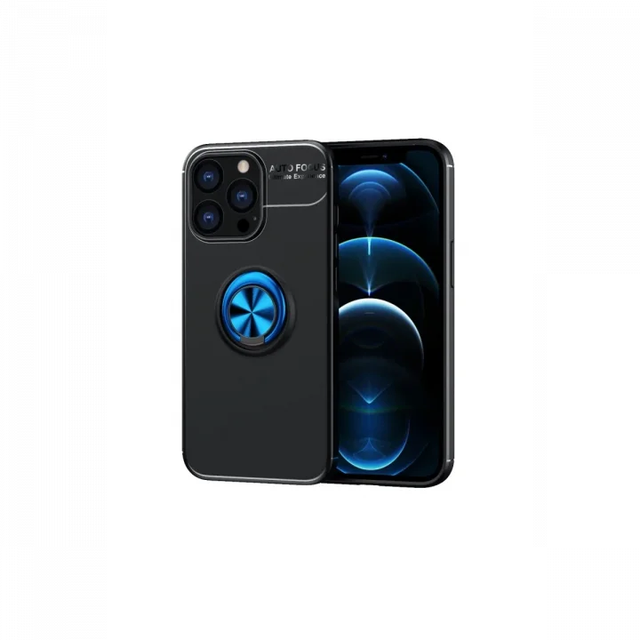 Mey İthalat®  iPhone 13 Pro Max Kılıf Range Yüzüklü Silikon - Siyah-Mavi