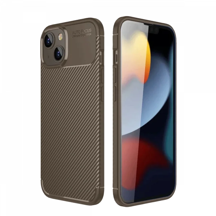 Mey İthalat®  iPhone 14 Kılıf Auto Focus Karbon Kapak - Kahverengi