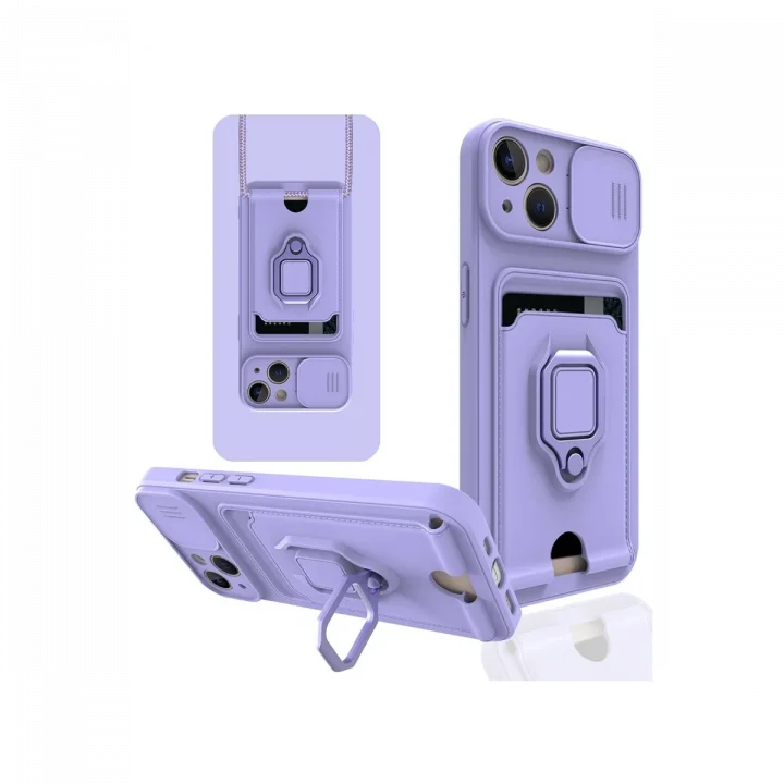 Mey İthalat®  iPhone 14 Kılıf Zuma Kartvizitli Yüzüklü Silikon - Lila