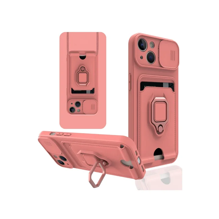 Mey İthalat®  iPhone 14 Kılıf Zuma Kartvizitli Yüzüklü Silikon - Pembe