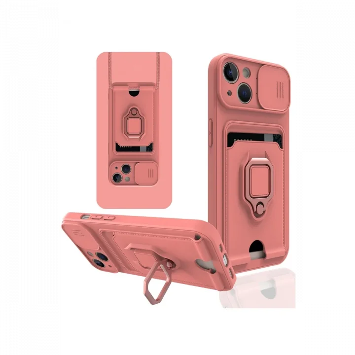 Mey İthalat®  iPhone 14 Kılıf Zuma Kartvizitli Yüzüklü Silikon - Pembe