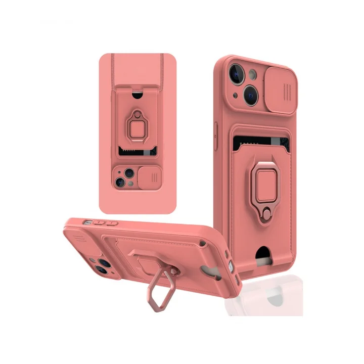 Mey İthalat®  iPhone 14 Kılıf Zuma Kartvizitli Yüzüklü Silikon - Pembe