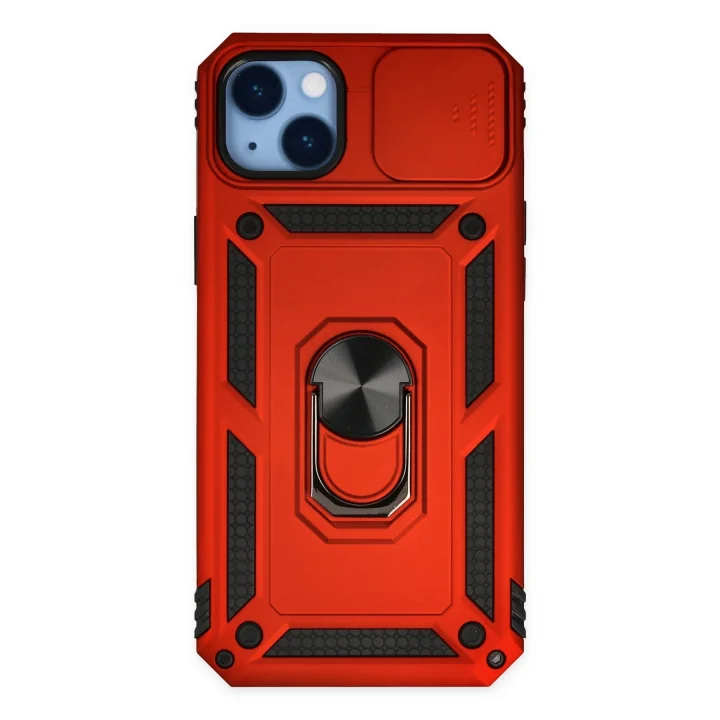 Mey İthalat®  iPhone 14 Plus Kılıf Pars Lens Yüzüklü Silikon - Kırmızı