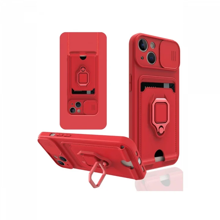 Mey İthalat®  iPhone 14 Plus Kılıf Zuma Kartvizitli Yüzüklü Silikon - Kırmızı