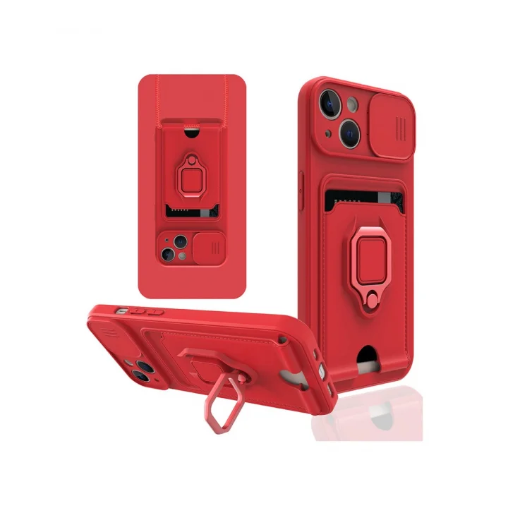 Mey İthalat®  iPhone 14 Plus Kılıf Zuma Kartvizitli Yüzüklü Silikon - Kırmızı