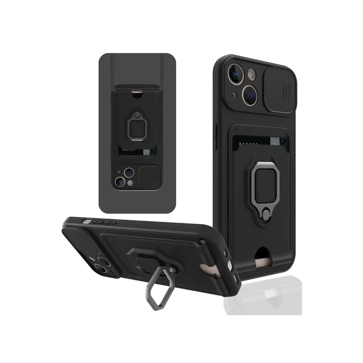 Mey İthalat®  iPhone 14 Plus Kılıf Zuma Kartvizitli Yüzüklü Silikon - Siyah