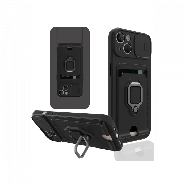 Mey İthalat®  iPhone 14 Plus Kılıf Zuma Kartvizitli Yüzüklü Silikon - Siyah