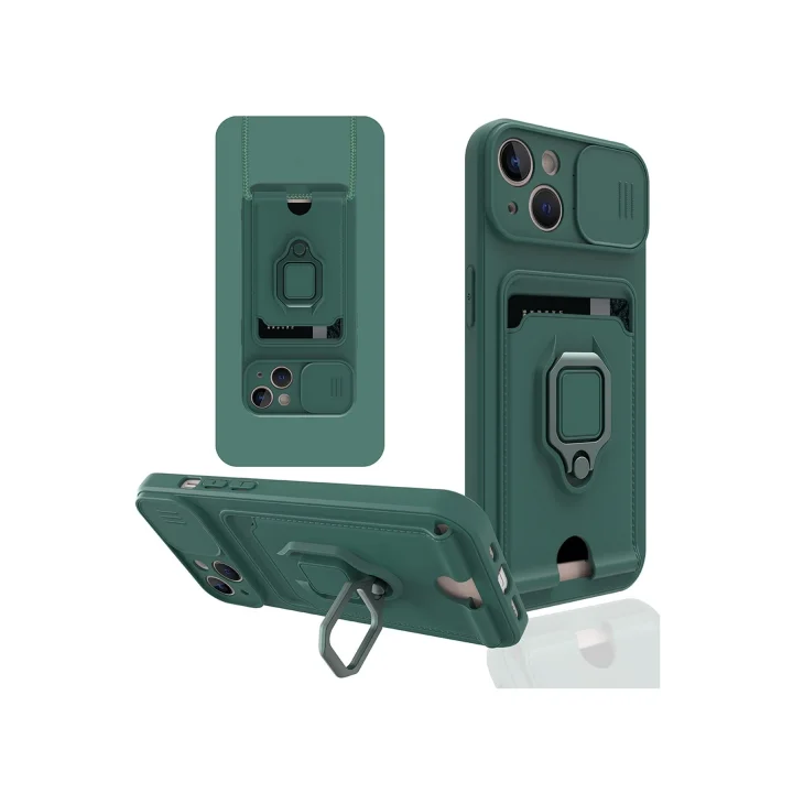 Mey İthalat®  iPhone 14 Plus Kılıf Zuma Kartvizitli Yüzüklü Silikon - Yeşil