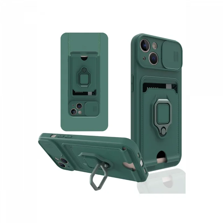 Mey İthalat®  iPhone 14 Plus Kılıf Zuma Kartvizitli Yüzüklü Silikon - Yeşil