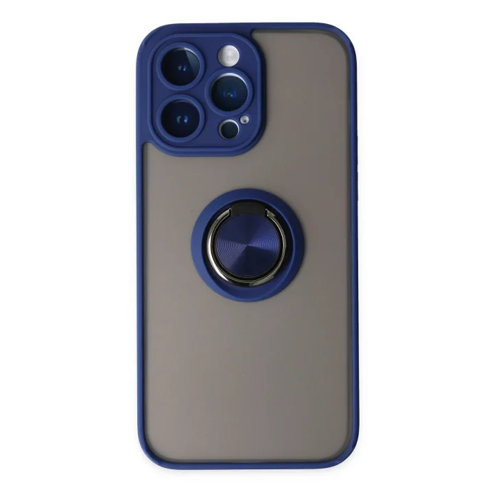 Mey İthalat®  iPhone 14 Pro Kılıf Montreal Yüzüklü Silikon Kapak - Lacivert