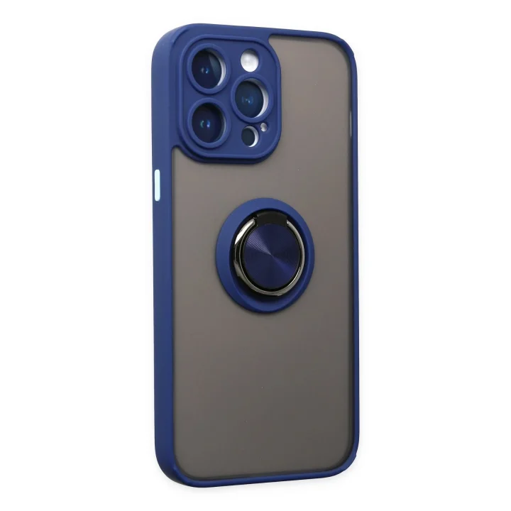 Mey İthalat®  iPhone 14 Pro Kılıf Montreal Yüzüklü Silikon Kapak - Lacivert