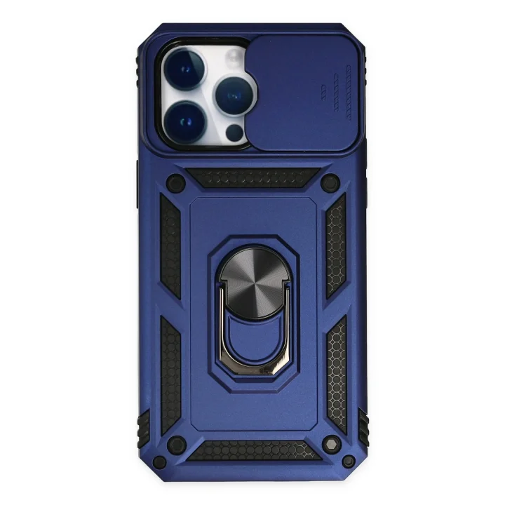 Mey İthalat®  iPhone 14 Pro Kılıf Pars Lens Yüzüklü Silikon - Lacivert