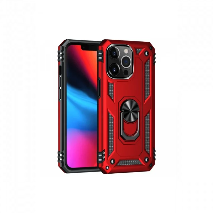 Mey İthalat®  iPhone 14 Pro Kılıf Sofya Yüzüklü Silikon Kapak - Kırmızı