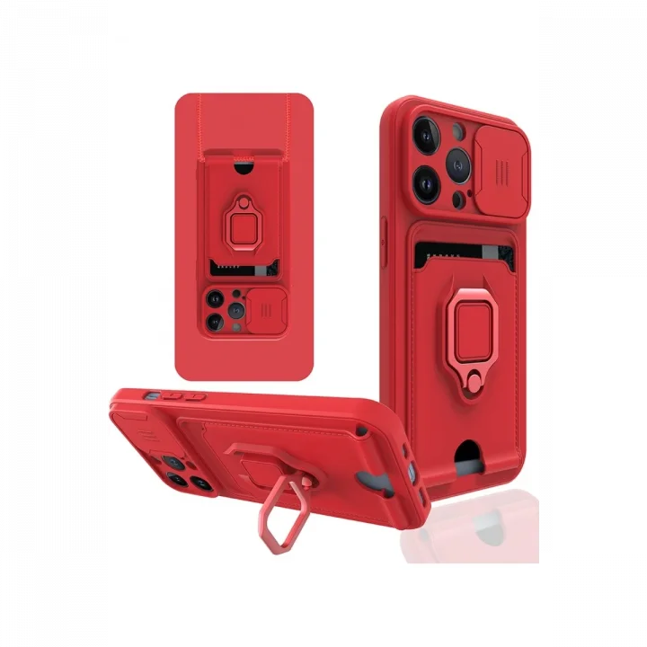 Mey İthalat®  iPhone 14 Pro Kılıf Zuma Kartvizitli Yüzüklü Silikon - Kırmızı