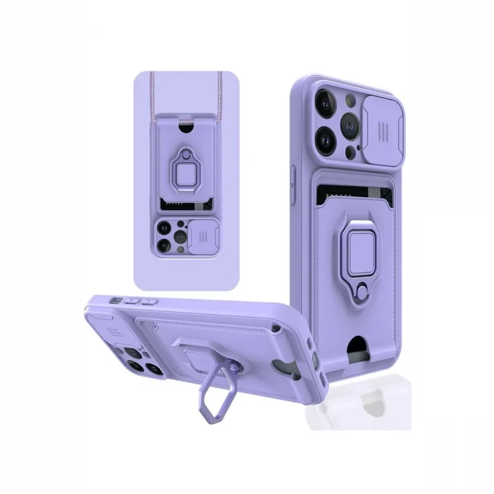 Mey İthalat®  iPhone 14 Pro Kılıf Zuma Kartvizitli Yüzüklü Silikon - Lila