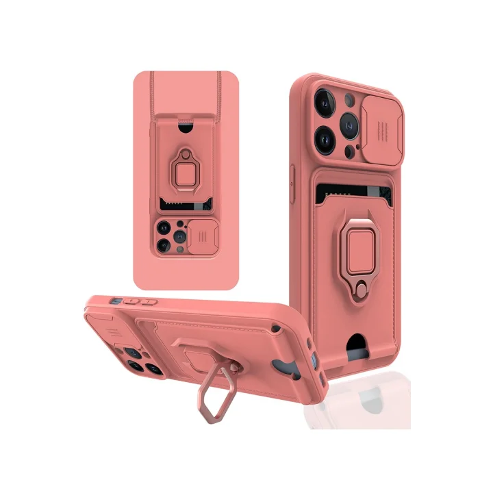 Mey İthalat®  iPhone 14 Pro Kılıf Zuma Kartvizitli Yüzüklü Silikon - Pembe