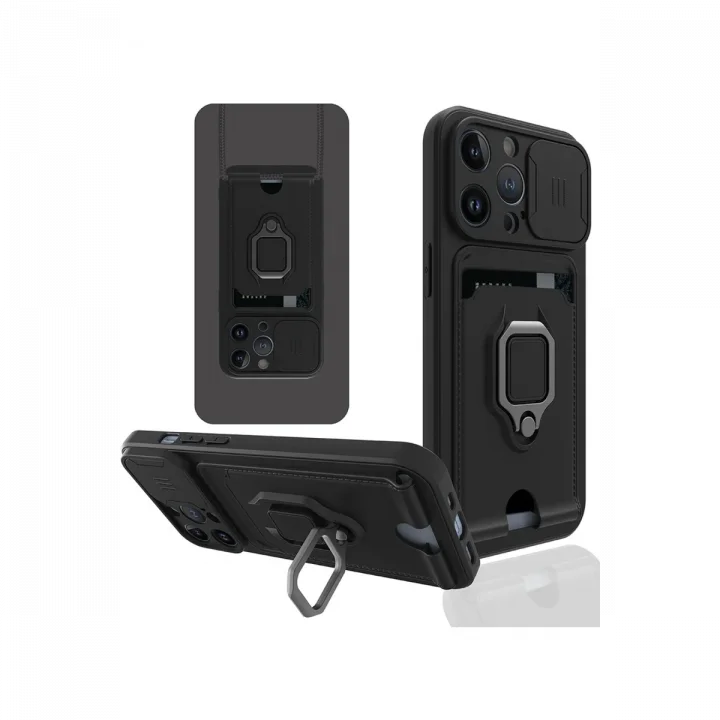 Mey İthalat®  iPhone 14 Pro Kılıf Zuma Kartvizitli Yüzüklü Silikon - Siyah