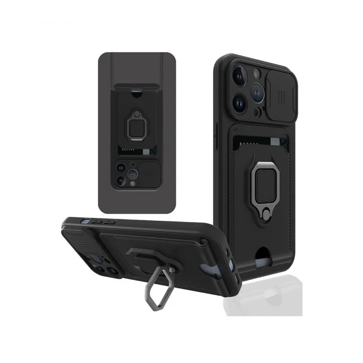 Mey İthalat®  iPhone 14 Pro Kılıf Zuma Kartvizitli Yüzüklü Silikon - Siyah