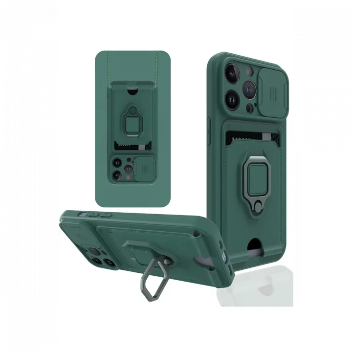 Mey İthalat®  iPhone 14 Pro Kılıf Zuma Kartvizitli Yüzüklü Silikon - Yeşil