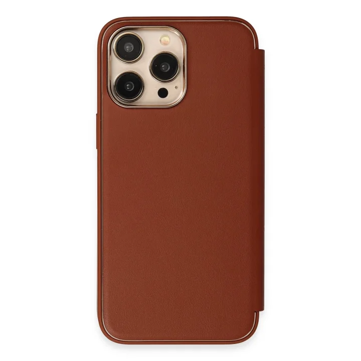 Mey İthalat®  iPhone 14 Pro Max Kılıf Dolpin Kapaklı - Kahverengi