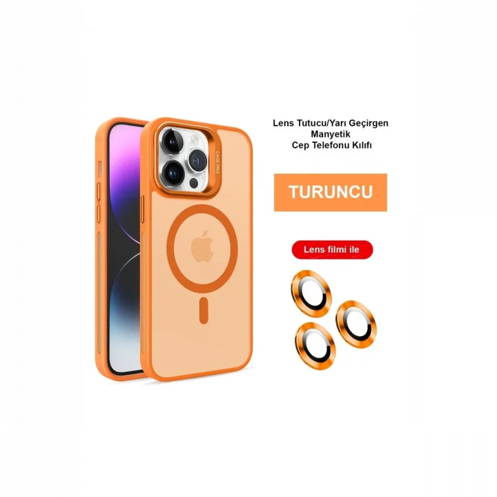 Mey İthalat®  iPhone 14 Pro Max Kılıf Flet Lens Magsafe Kapak - Turuncu