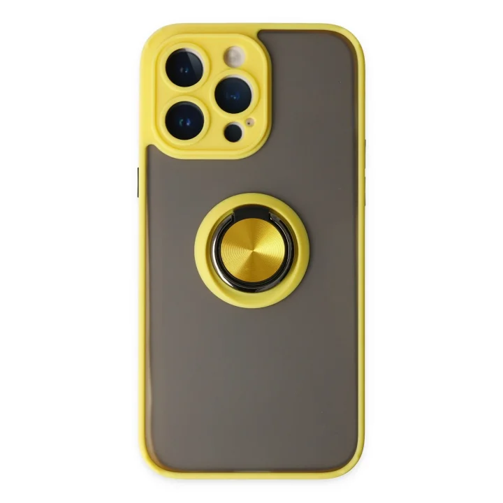 Mey İthalat®  iPhone 14 Pro Max Kılıf Montreal Yüzüklü Silikon Kapak - Sarı