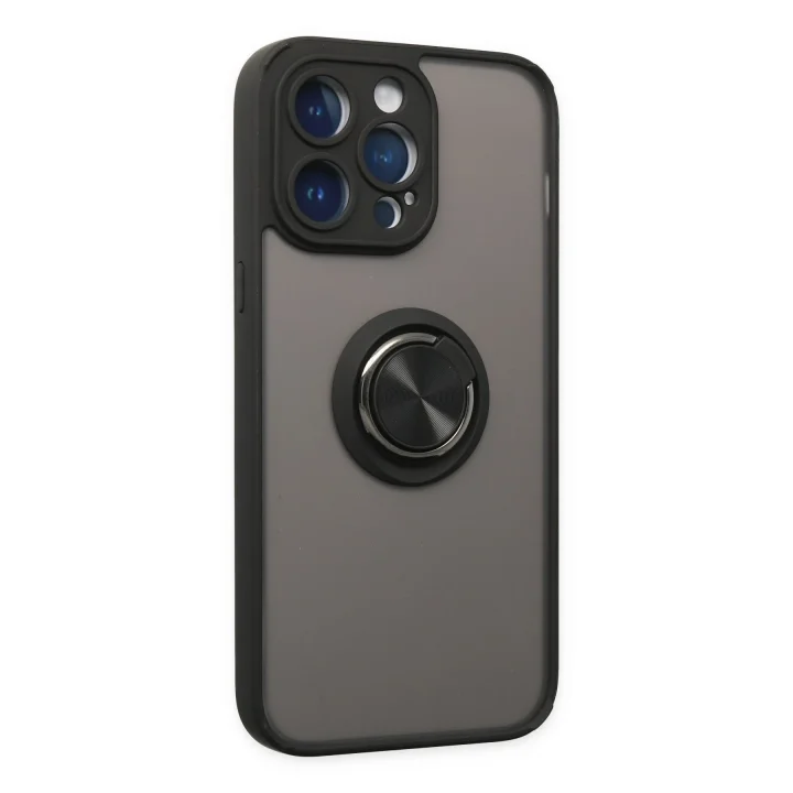 Mey İthalat®  iPhone 14 Pro Max Kılıf Montreal Yüzüklü Silikon Kapak - Siyah