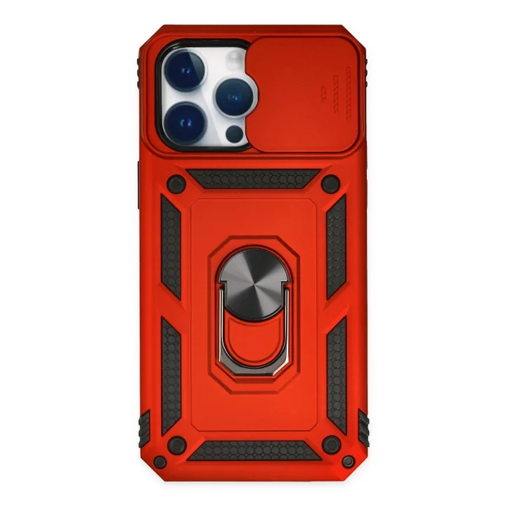 Mey İthalat®  iPhone 14 Pro Max Kılıf Pars Lens Yüzüklü Silikon - Kırmızı