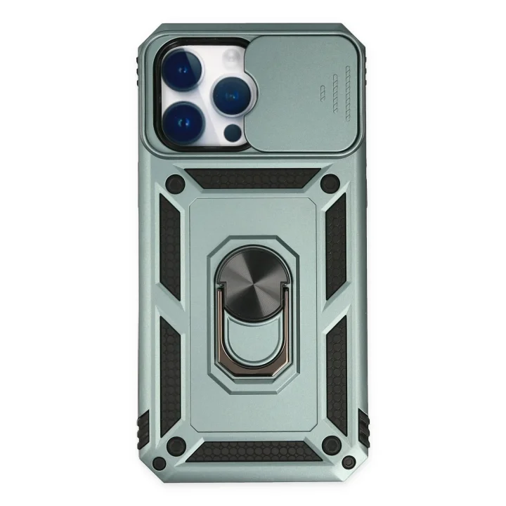 Mey İthalat®  iPhone 14 Pro Max Kılıf Pars Lens Yüzüklü Silikon - Yeşil