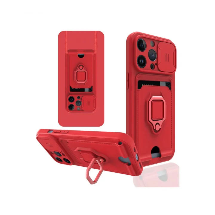 Mey İthalat®  iPhone 14 Pro Max Kılıf Zuma Kartvizitli Yüzüklü Silikon - Kırmızı