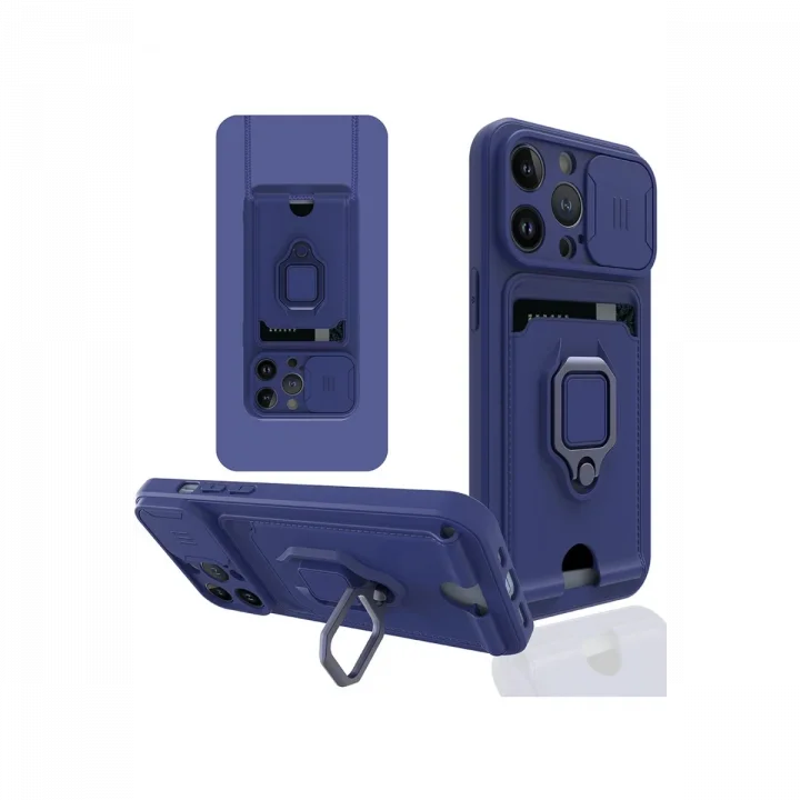 Mey İthalat®  iPhone 14 Pro Max Kılıf Zuma Kartvizitli Yüzüklü Silikon - Lacivert