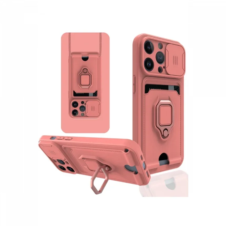 Mey İthalat®  iPhone 14 Pro Max Kılıf Zuma Kartvizitli Yüzüklü Silikon - Pembe