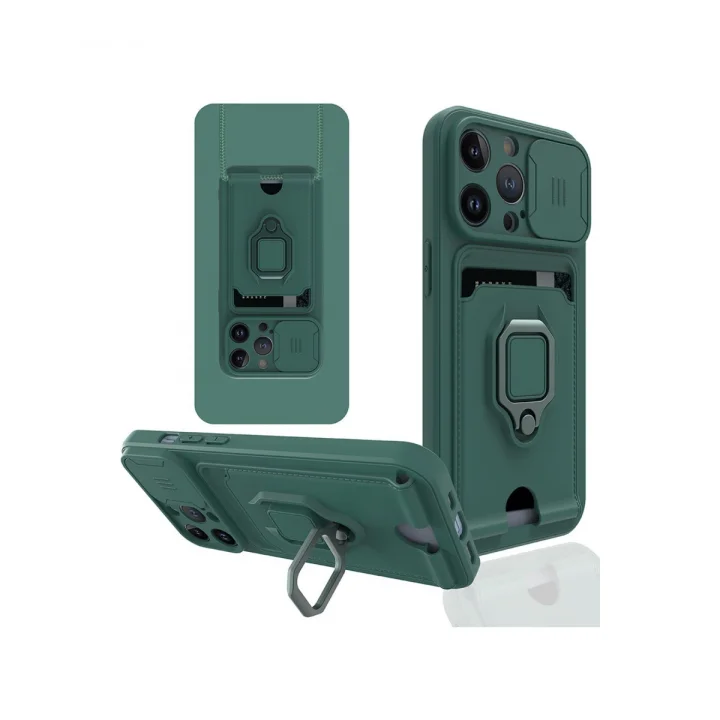 Mey İthalat®  iPhone 14 Pro Max Kılıf Zuma Kartvizitli Yüzüklü Silikon - Yeşil